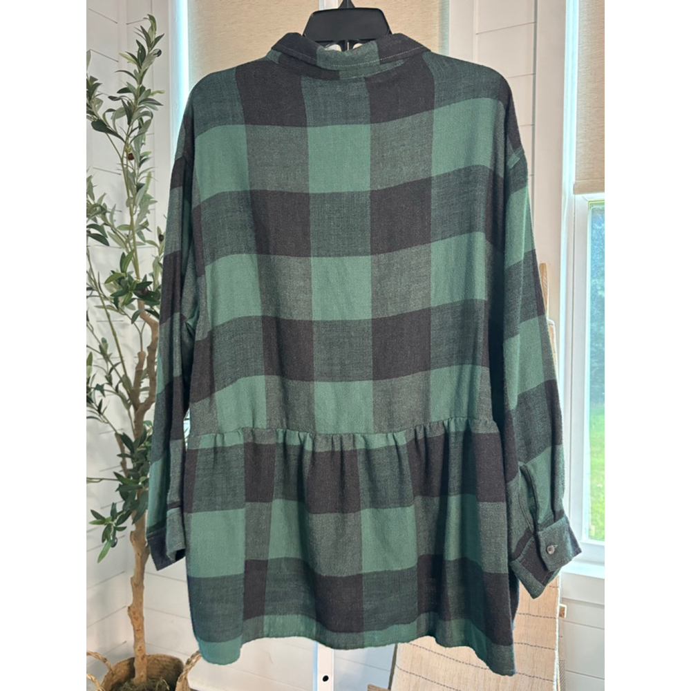 Women's American Eagle Green and Black Plaid Peplum Button Down Shirt, XL - Picture 4 of 5